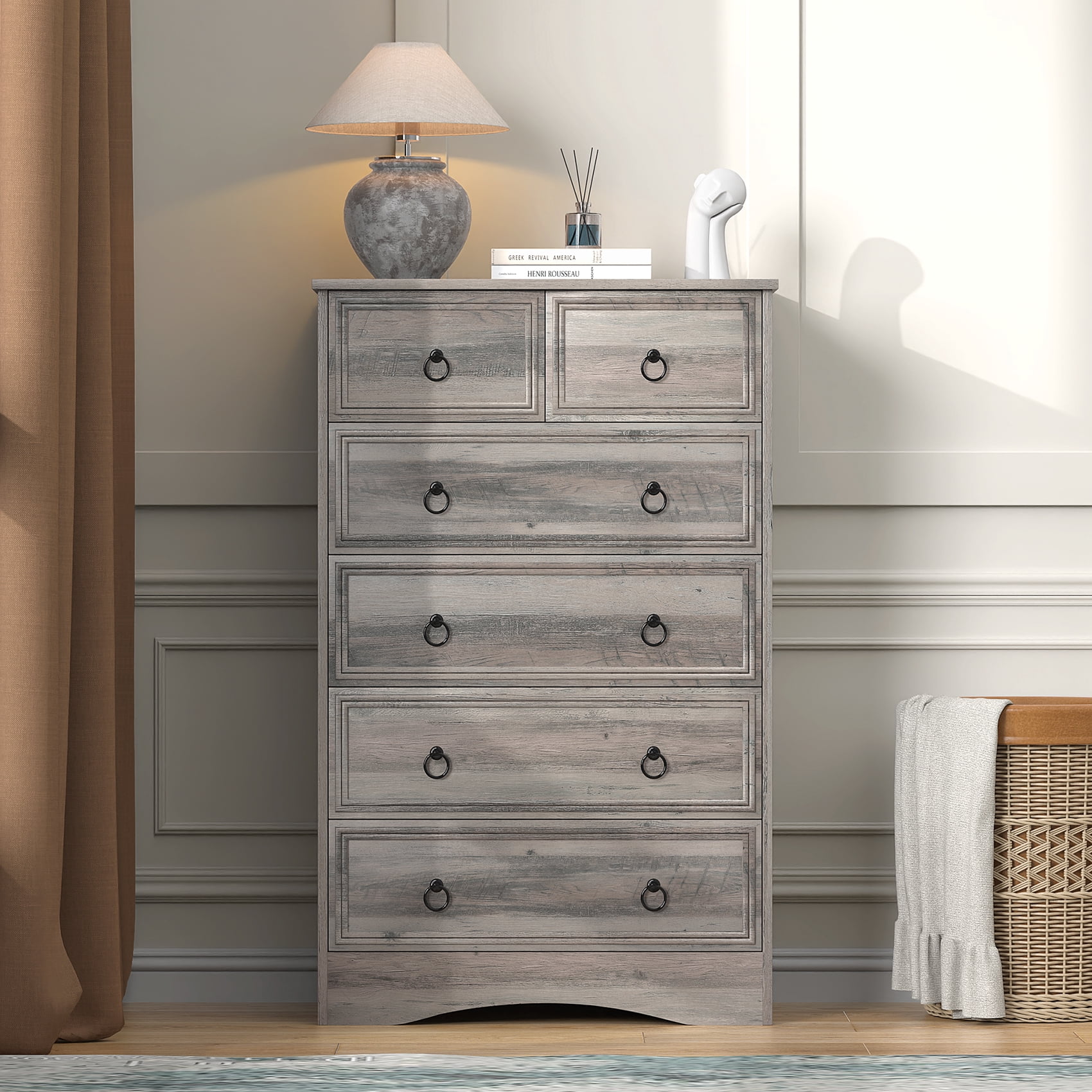 Frmobepts 6 Drawer Dresser, Tall Wood Chest of Drawers Dressers for Bedroom, Living Room, Gray