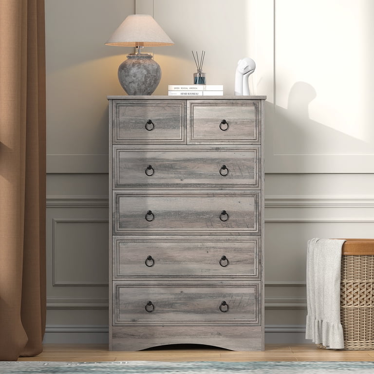 VVFLU Grey Dresser Tall for Bedroom, Wood 6 Drawers Chest, Storage for  Clothes, Vintage, Living Room