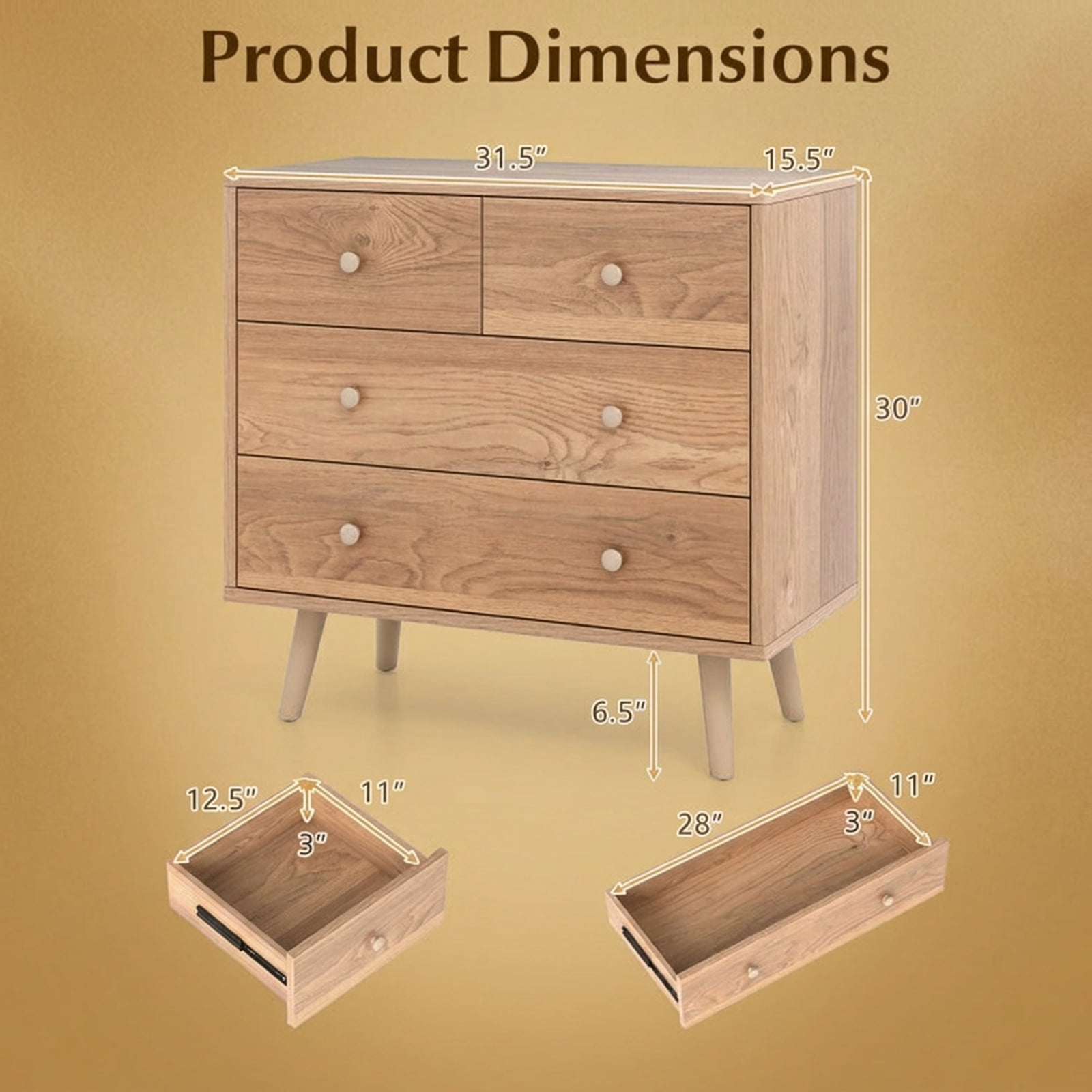 Furnibear Wide Wooden Dresser with 4 Drawers for Bedroom Living Room for Bedroom Closet Living Room Nursery Clothes Storage, Natural