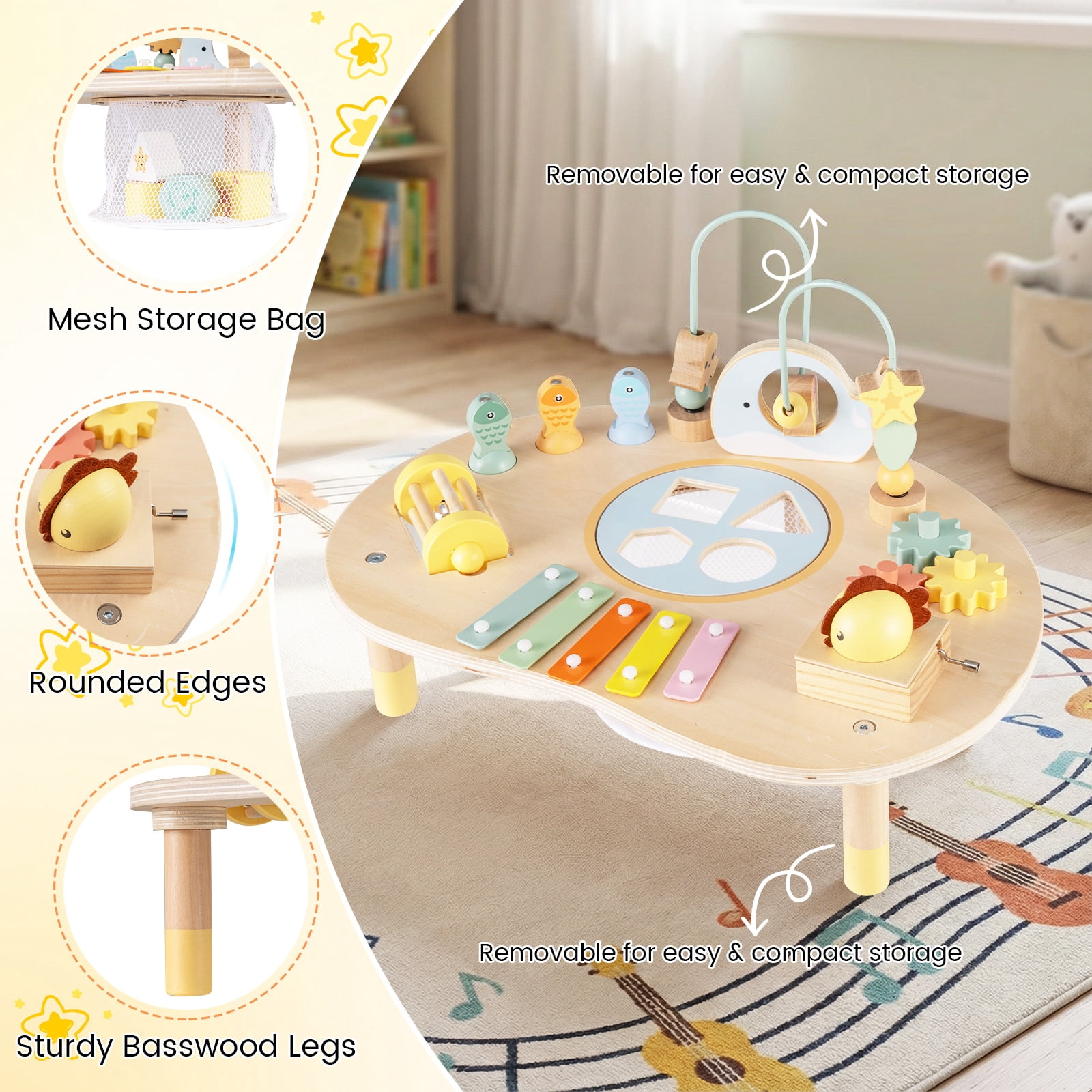 Costway 7-in-1 Toddler Activity Table with Bead Maze, Fishing Game, Xylophone, Music Box
