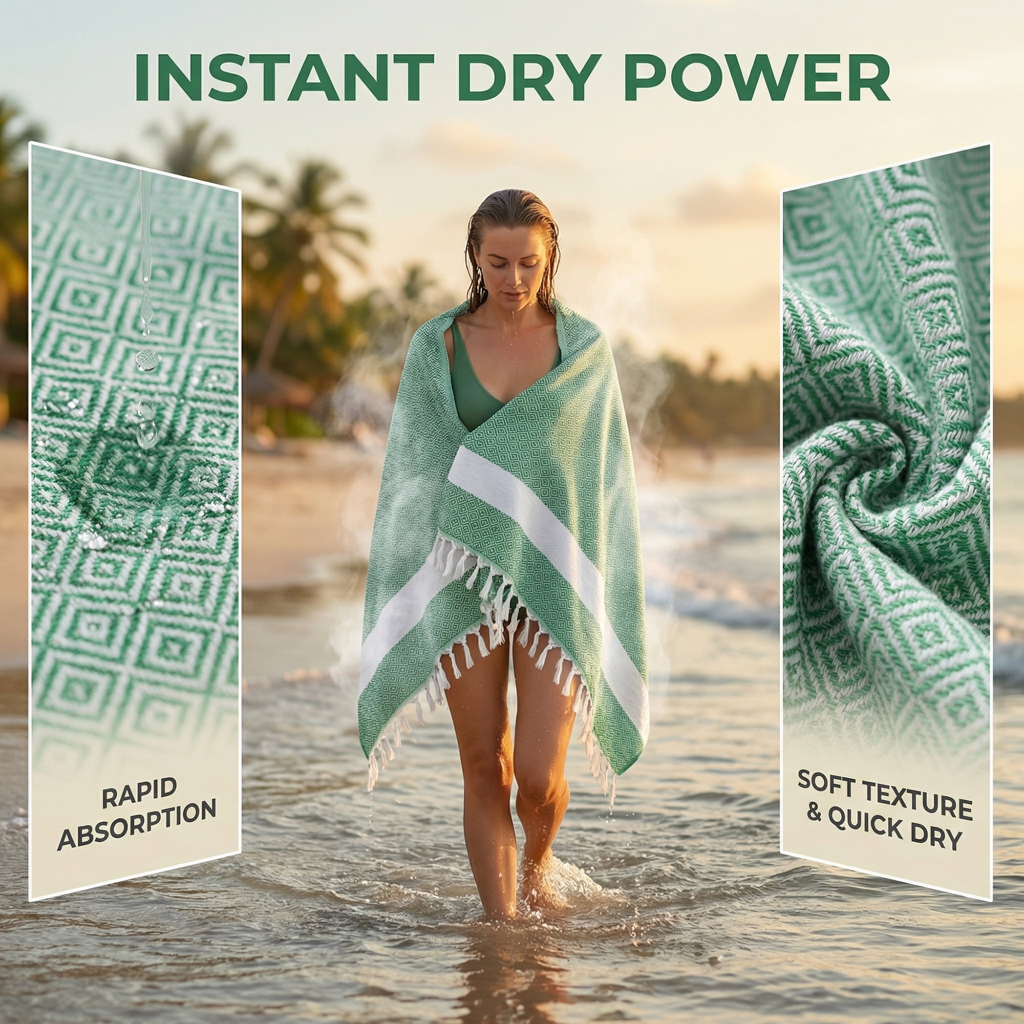 Unique Bargains Geometric Sandproof Turkish Beach Towel Dark Green 71"x40"