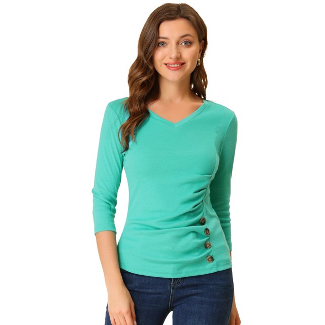 INSPIRE CHIC Women's Button Decor V Neck 3/4 Sleeve Ruch Top Mint Green XL