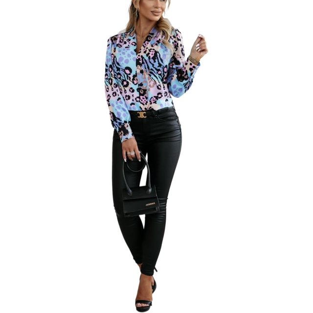 JZCJY 2024 Chemise Imprimée à Manches Longues Col en V pour Femmes Automne