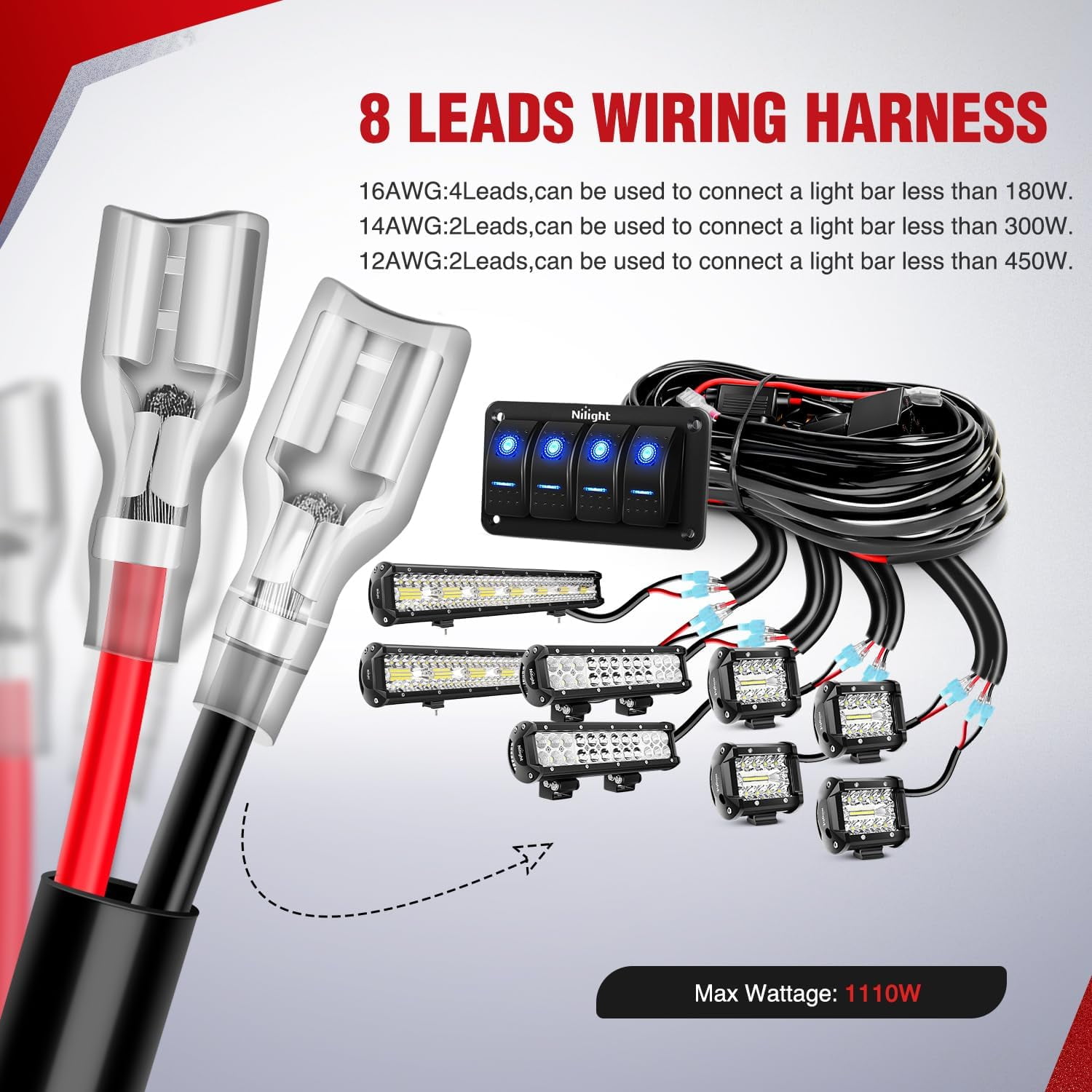 Nilight 4 Gang Rocker Switch Panel Wiring Harness Kit, 12V with 8 Leads Relay Fuse for LED Light Bars, for Cars Boats ATV Trucks