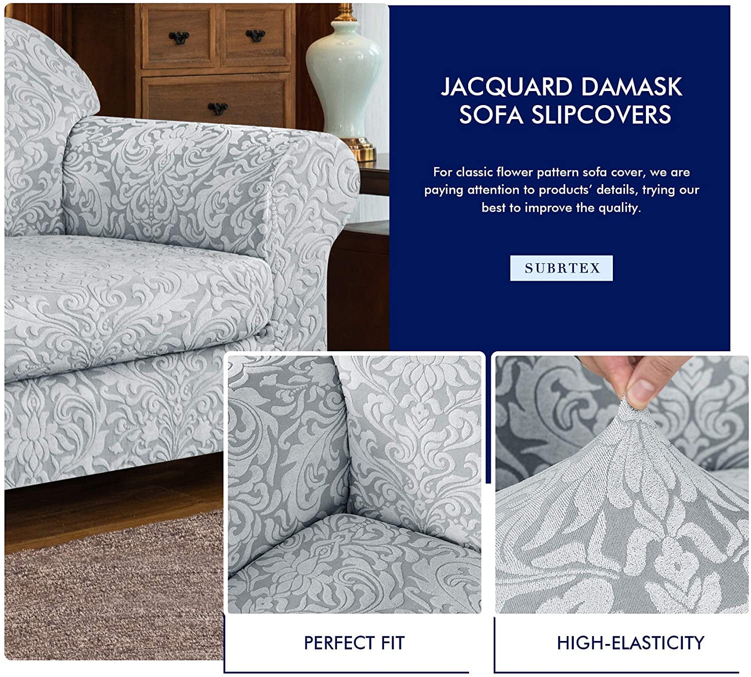Subrtex Sofa Slipcover 2-Piece Jacquard Damask Couch Cover with Seat Cushion Stretch Furniture Protector for Armchair in Living Room for Kids, Pets (Small,Light Smoky Gray)