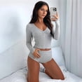 thumbnail image 6 of Two Piece Short Sets for Women Long Sleeve Crop Top and Low Waisted Shorts Active Wear Sets Gym Sets Light Grey L, 6 of 7