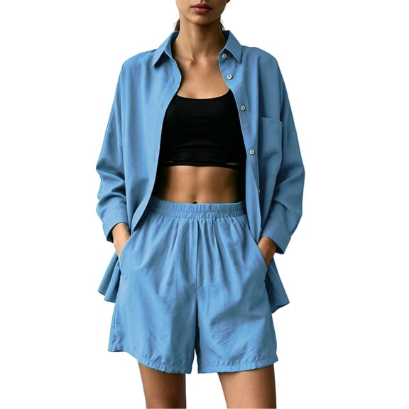 SOOMLON Concert Outfits for Women Plus Size Button Down Long Sleeve Shirt Elastic Waist Shorts with Pockets 2 Piece Set