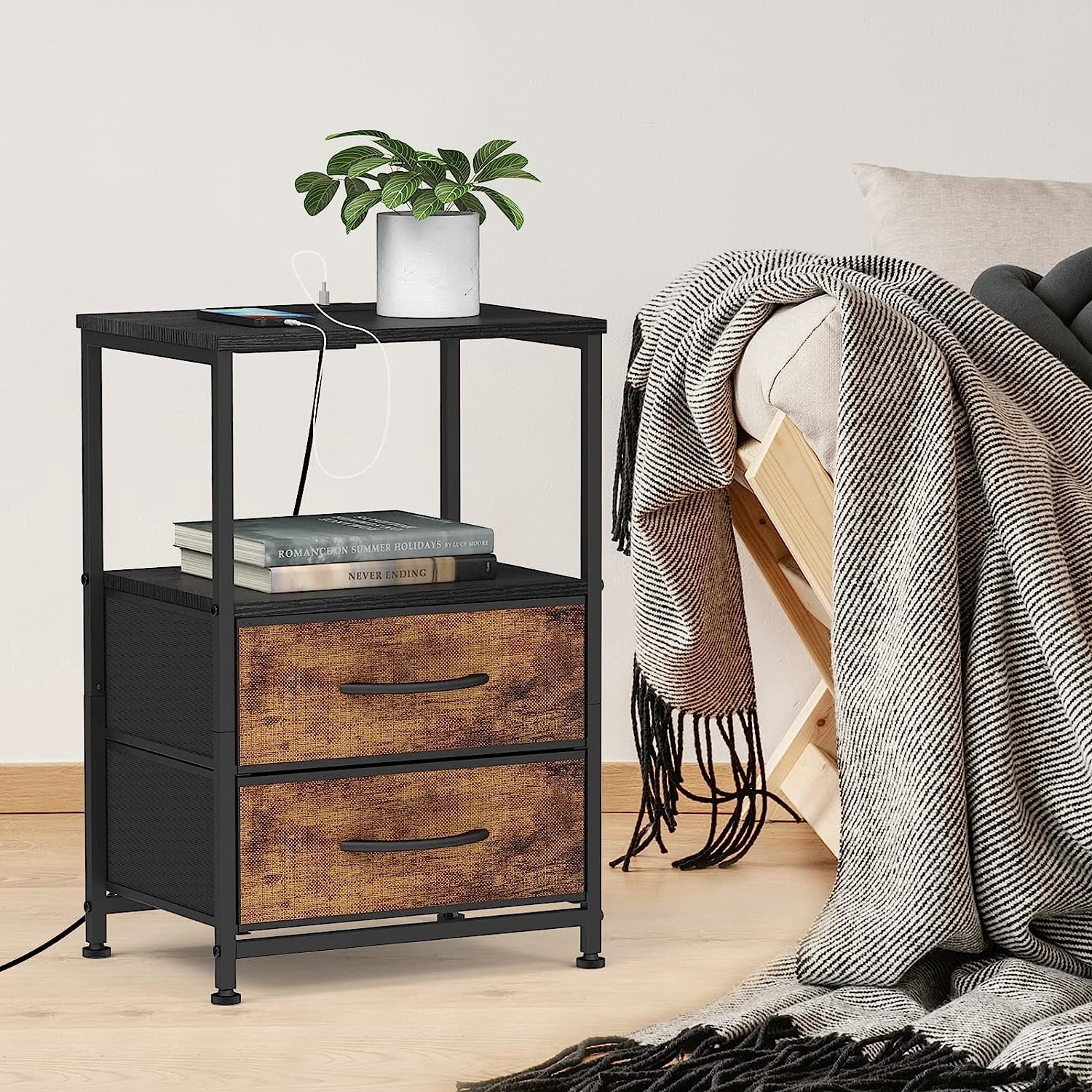 Oumilen Adult Nightstand with Charging Station Narrow End Table with 2 Fabric Drawers, Black