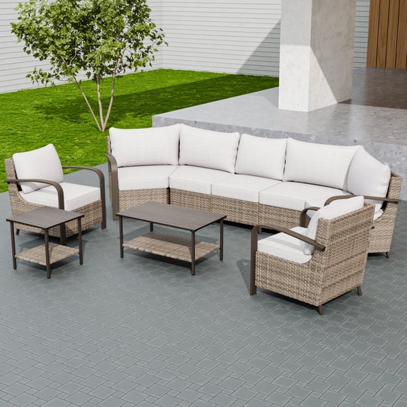 INTER HUT Vista Oasis 7-Person Brown Wicker Outdoor Seating Group Patio Dining Chair Set with Beige Cushion for Deck Porch Garden Backyard