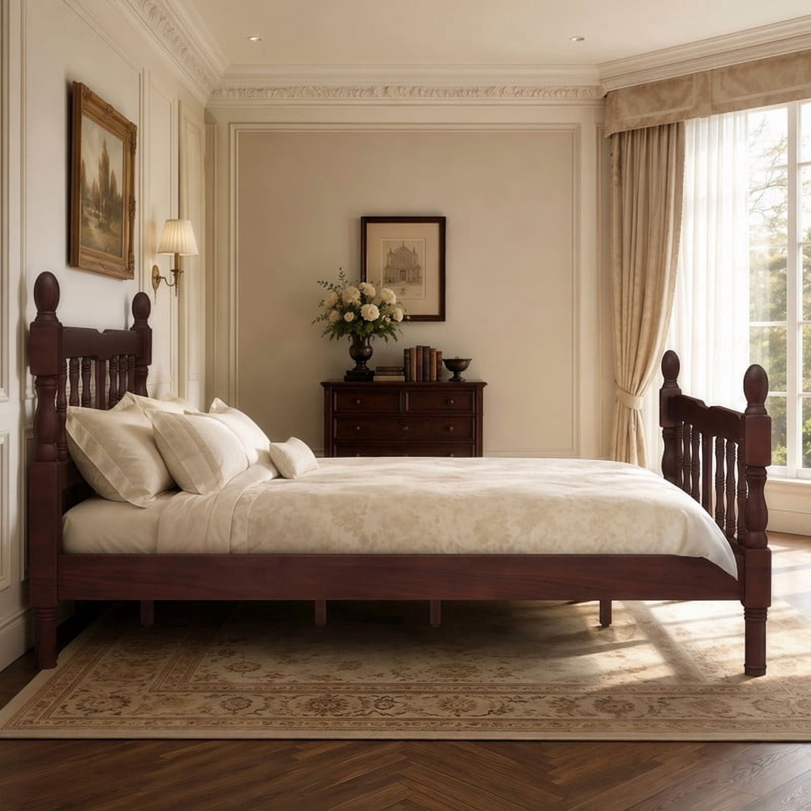 Euroco Wood Full Size Platform Bed Frame, Classic Farmhouse Bed Frame with Spindle Headboard, Dark Walnut