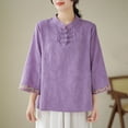 thumbnail image 4 of Womens Mandarin Collar Cotton Linen Blouse Retro Embroidery Chinese Buttons Tunic Tops Breathable Casual Summer Shirts, 4 of 5
