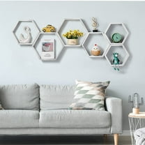 6 Pcs Hexagon Floating Shelves Wall Mounted Shelf Wood Display Shelf Grey-White