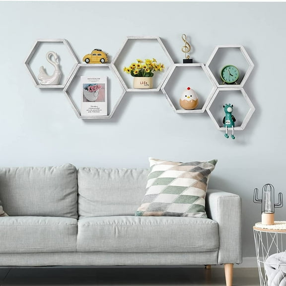 6 Pcs Hexagon Floating Shelves Wall Mounted Shelf Wood Display Shelf Grey-White