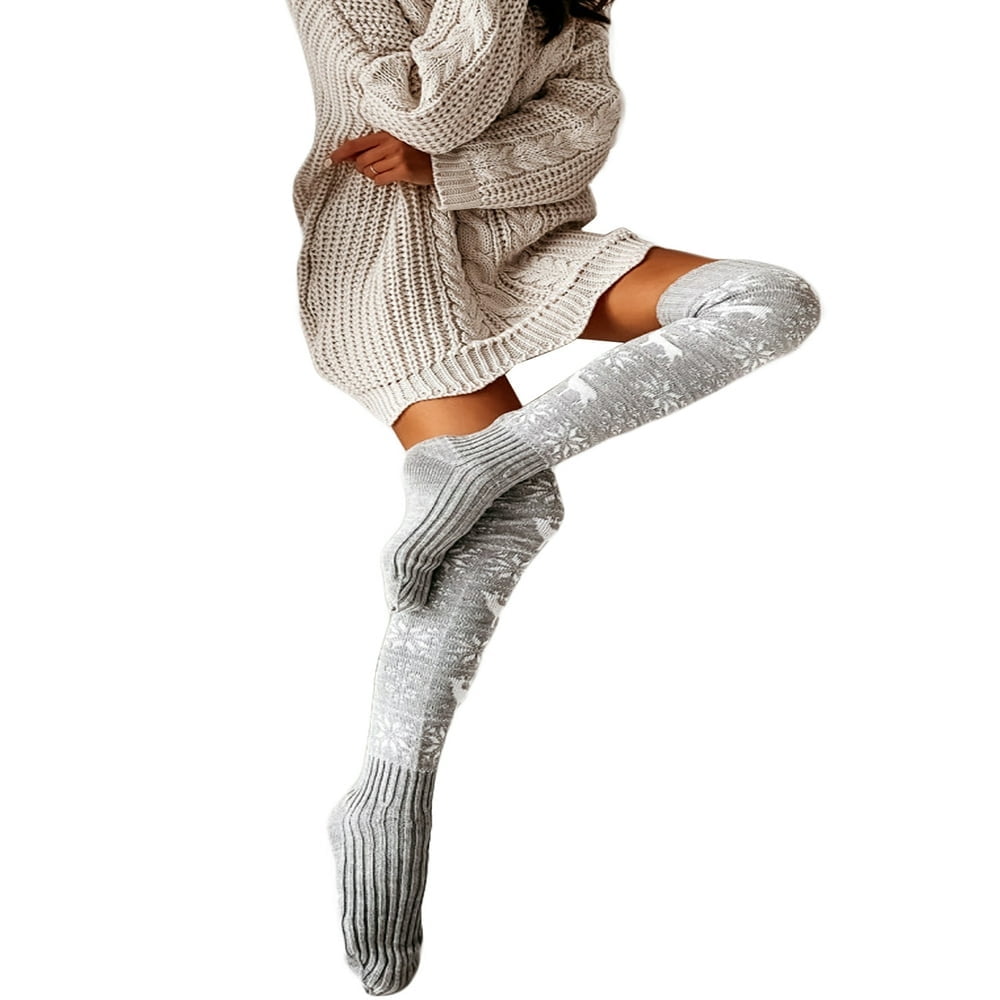 Femmes Noël Chaussettes Hautes Flocons de Neige Tricotées sur les