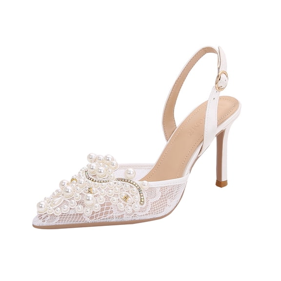 Women Pointed Toe Stiletto High Heels 8.5CM White Lace Tulle Pearls Rhinestones Wedding Evening Party