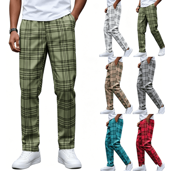 Zynoxe Mens Dress Pants Trendy Stretchy Plaid Elastic Waistband Straight Casual Trousers with Pockets Slim Fit Lounge Pants for Business Wedding Dark Gray S