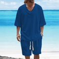 thumbnail image 3 of Cinvoph Men's 2 Piece Set Outfits Short Sleeve V-Neck Solid Color T Shirt and Shorts Outfits Summer Casual Drawstring Workout Holiday Vocation Beach Suits for Men, 3 of 6