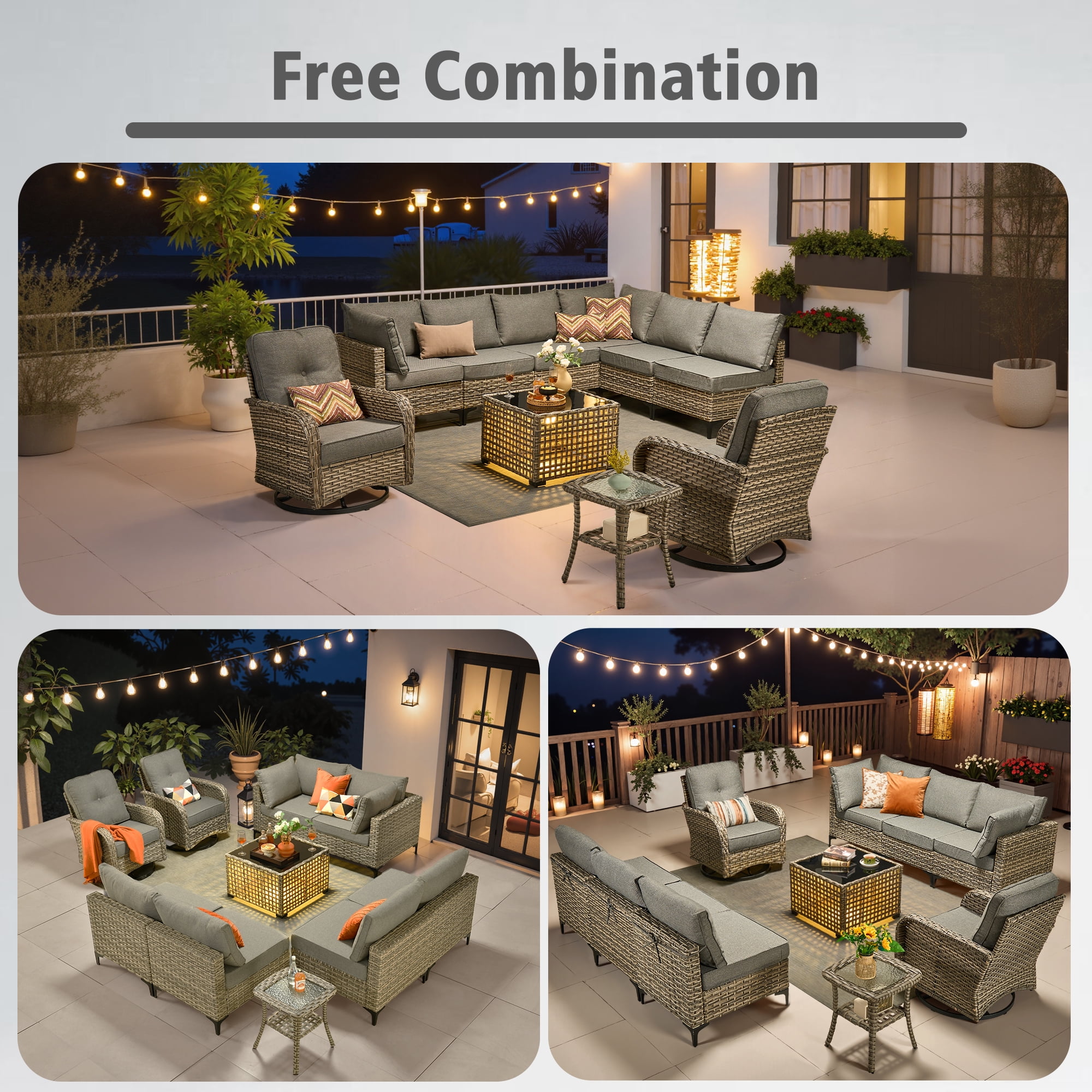 Ovios 10 Pieces Outdoor Patio Furniture All-Weather Wicker Sectional Conversation Set with Swivel Chairs & Solar Coffee Table, Dark Gray