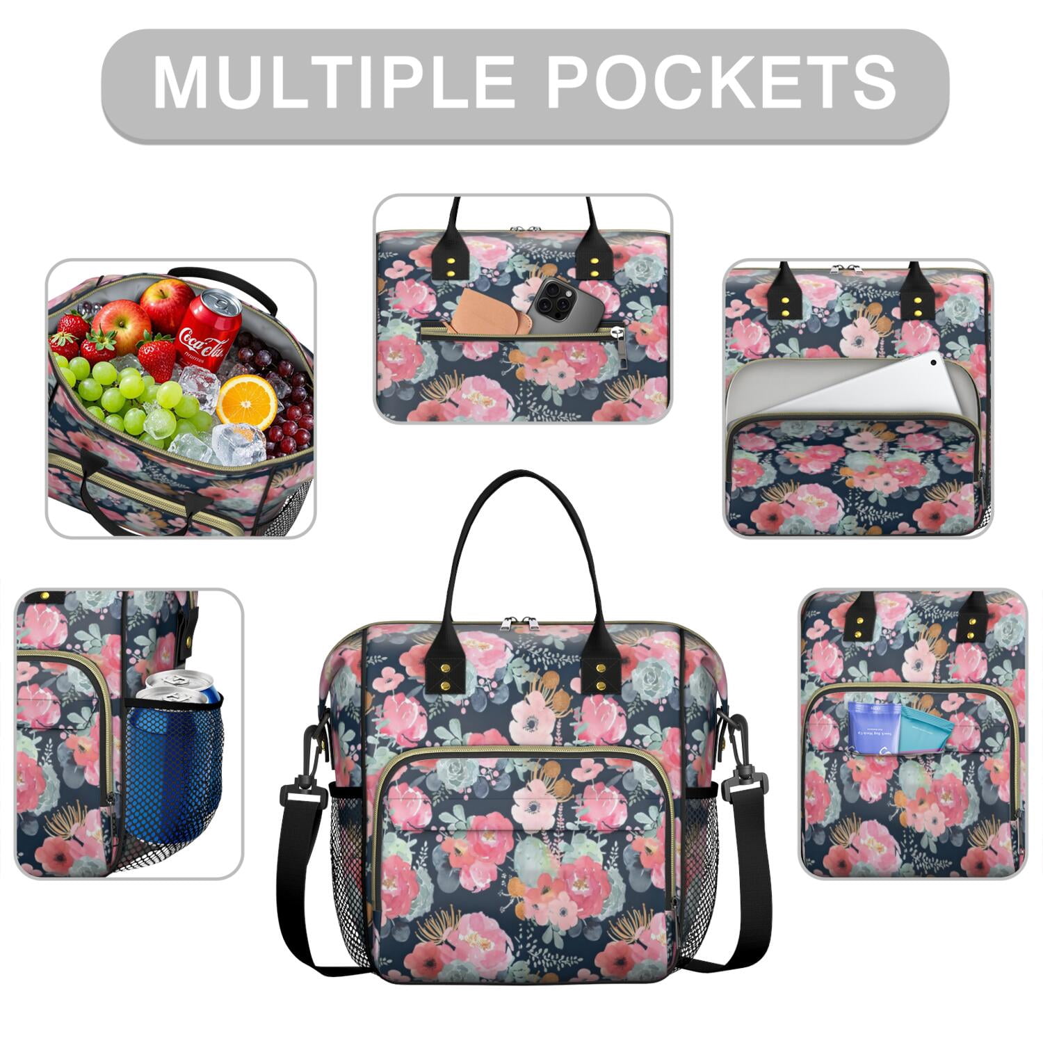 Pioneer Flower Floral Print Pattern Womens Lunch Box for Work,Insulated Large Lunch Bag for Tween and Teen,Loncheras Para Mujer,Leakproof Adult Lunch Bag for Work,Beach,Travel,Picnic,Camping