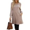 thumbnail image 2 of BangWanChi Fall Dresses for Women 2024 Ladies Solid Color Elegant Style Temperament Wool Long Sleeved Round Neck A-line Skirt Dress, 2 of 5