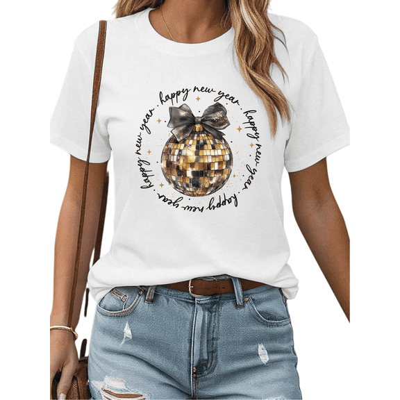 Happy New Year Disco Ball Print Tshirt Graphic Tees White Shirts S-5XL Sparkle Celebration Tops