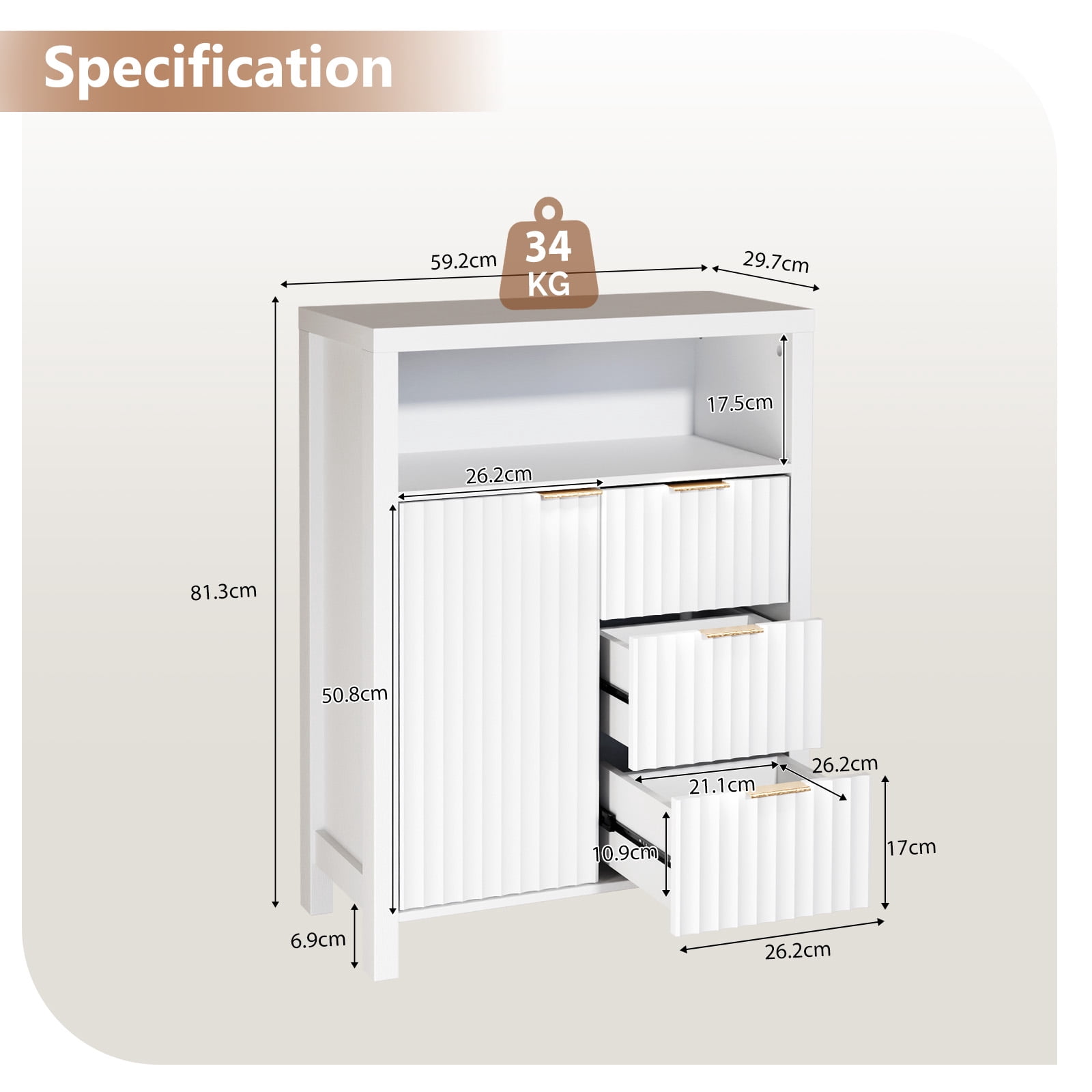 Ktaxon Fluted MDF Bathroom Floor Cabinet with Grille Single Door and Three Drawers, White