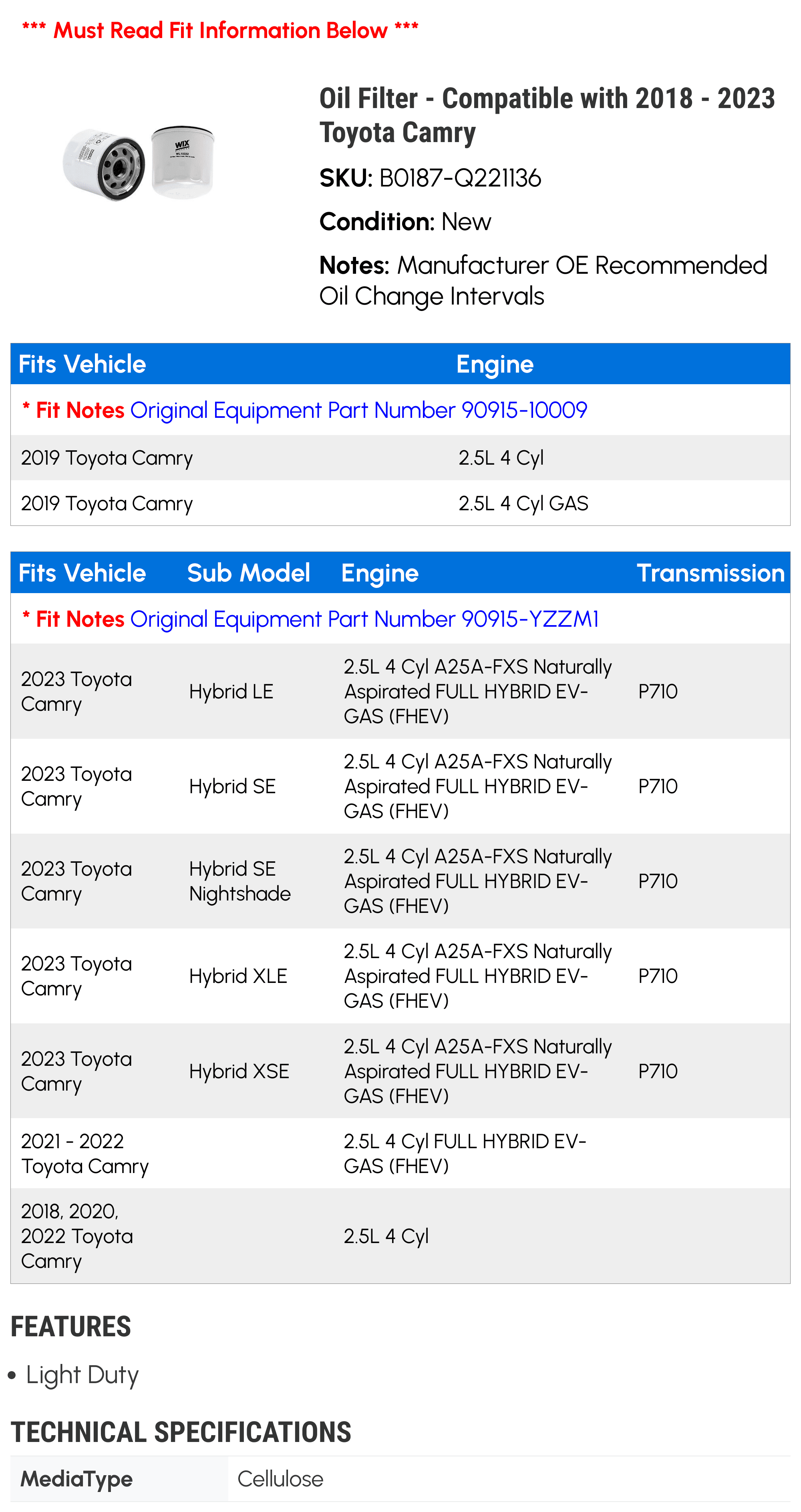 Oil Filter - Compatible with 2018 - 2023 Toyota Camry 2019 2020 2021 2022