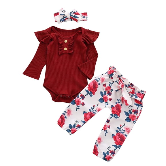 Odeerbi Baby Boy Girl Clothes Baby Romper French Rib Cotton Long Sleeved Trousers Floral Pants Headband Suit