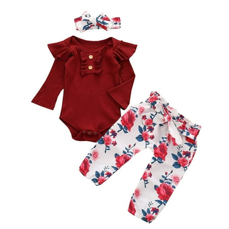 

VerPetridure White Toddler Girls Jumpsuit French Rib Cotton Long-sleeved Romper Trousers Floral Pants Headwear Baby Suit