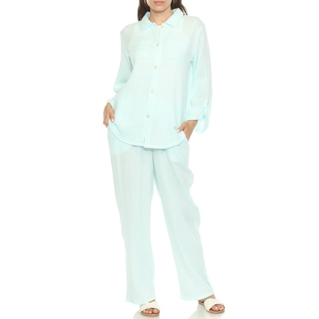 White Mark Ensemble de Plage Décontracté pour Femmes 2 Pcs Surdimensionné à Manches Longues en Coton et Lin avec Boutons