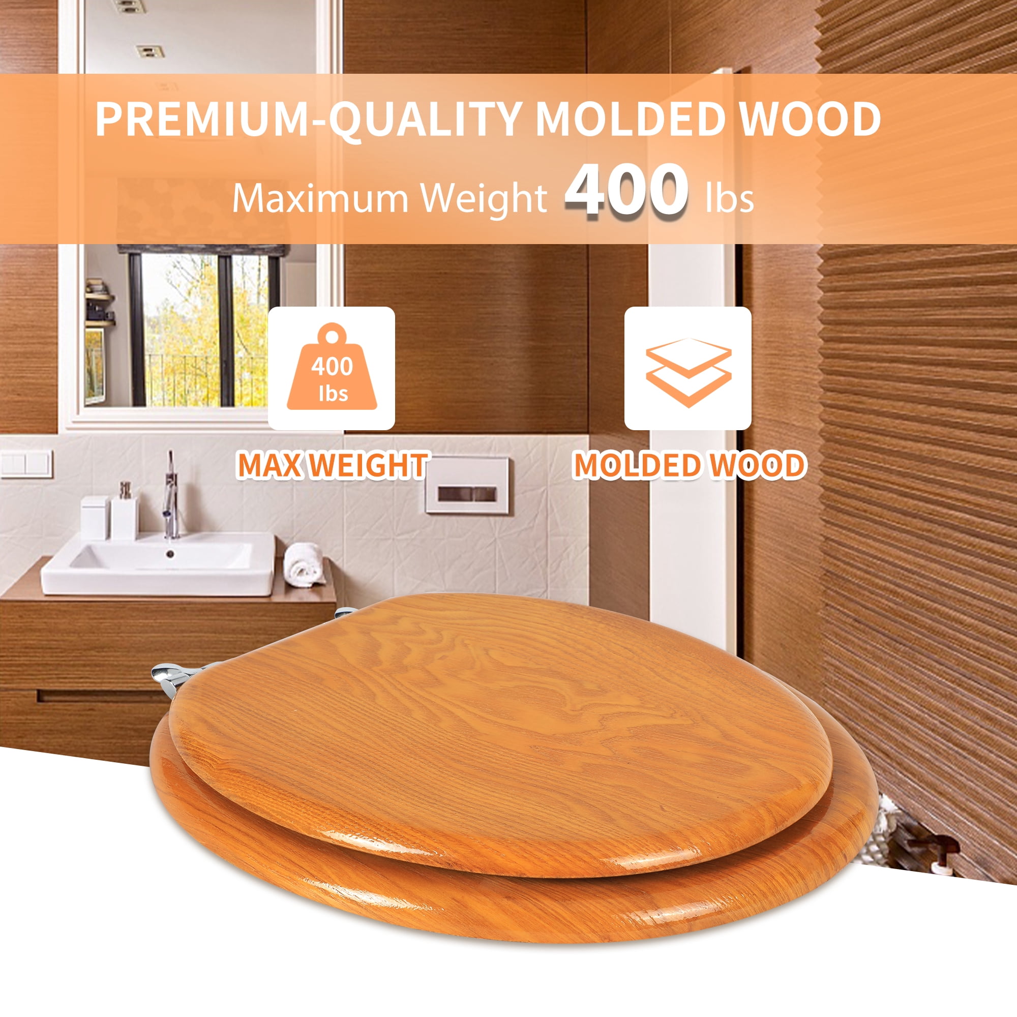 Angol Shiold Wood Elongated Toilet Seat, Easy Clean, Metal Hinges（Elongated 18.5'', Warm Brown）