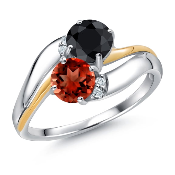 Gem Stone King 925 Sterling Silver and 10K Yellow Gold Red Garnet Black Sapphire 5MM Round 2 Stone and Lab Grown Diamond Accent Ring for Women (1.72 Cttw, Gemstone January Birthstone, Size 9)