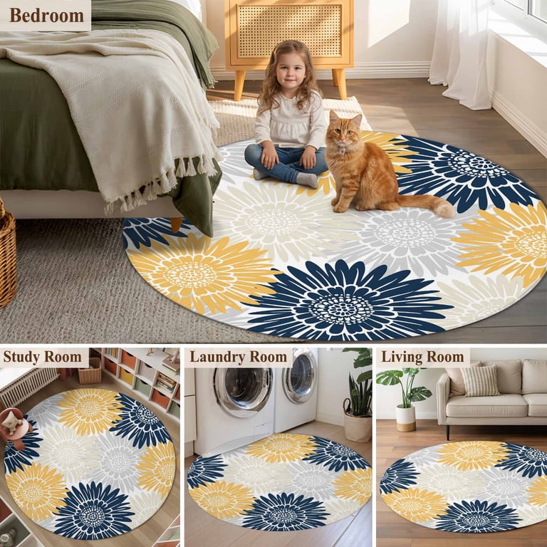 Navy Blue Gray Yellow Sunflowers 4ft Round Rug for Cozy Reading
