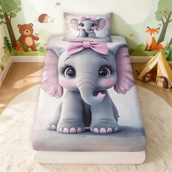 Erosebridal Elephant Twin Fitted Sheet for Girls, Pink Bow Bedding, 2pcs 1 Fitted Sheet and 1 Pillowcase