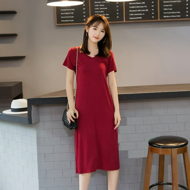 Anself Women Tee Dress Stretchy Solid Color V Neck Short Sleeve Midi Slim Casual Party Wear One Piece Walmart Com Walmart Com