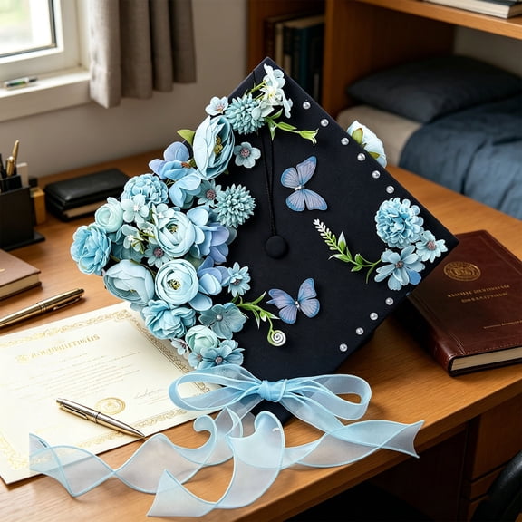 BiFandian Floral Decorative Graduation Caps, Silk Flowers Bachelor Cap with Ribbon Decoration, Academic Ceremony Ornament Gifts for Party Photography Celebration