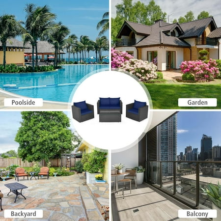 Costway 4 PCS Patio Rattan Furniture Set Cushioned Sofa Chair Coffee Table - Black,Blue