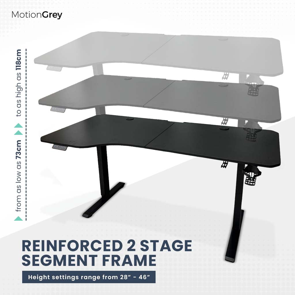 MotionGrey - Height Adjustable L Shaped Standing Desk, Motorized Frame - Left Table Top (White, 63"x29")