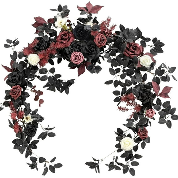 Moment Flower Garland 6FT Eucalyptus & Rose Artificial Floral Garland for Wedding Reception, Mantle, Table, Christmas Decor, Red-moody Burgundy & Black