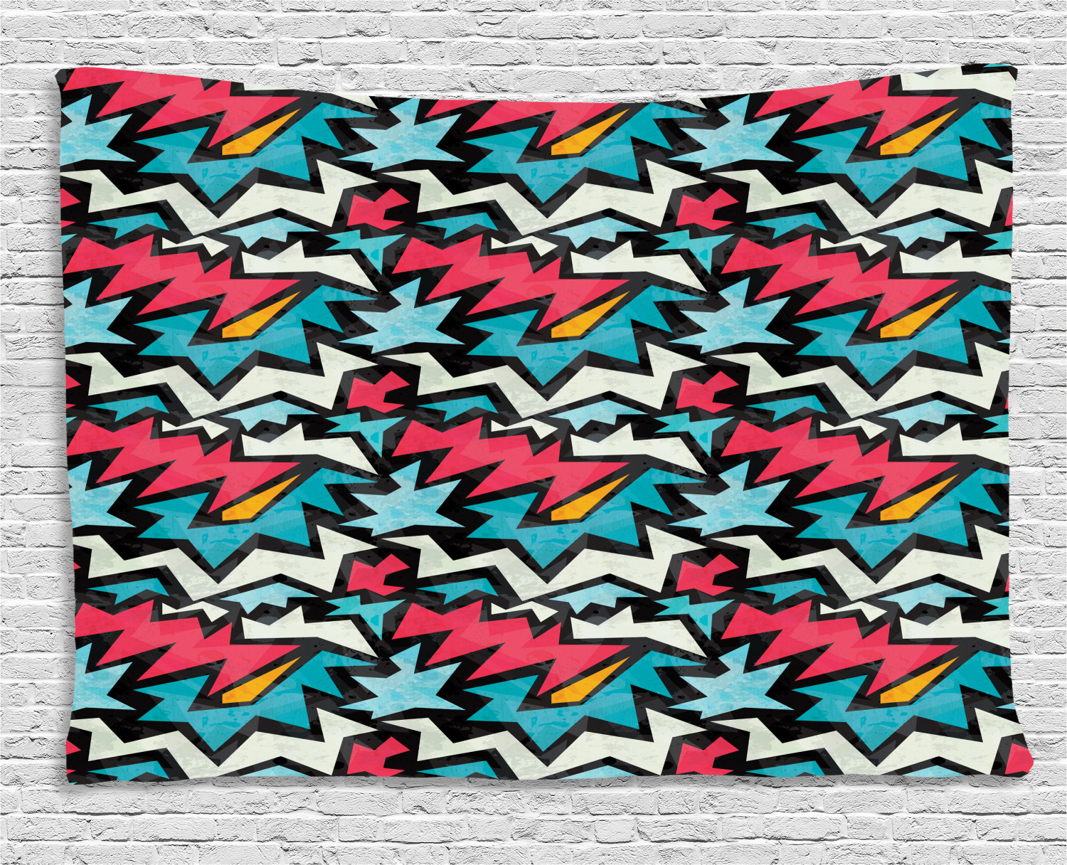 Urban Graffiti Tapestry, ChevronLike Bold Framed Tangled Stripes and