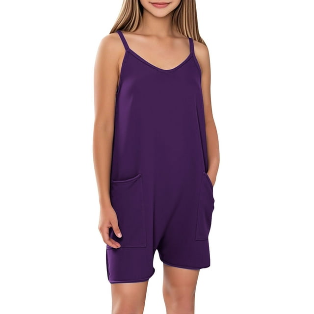 Hinvhai Combishort Décontracté Sans Manches pour Fille avec Poches Violet 7 Ans