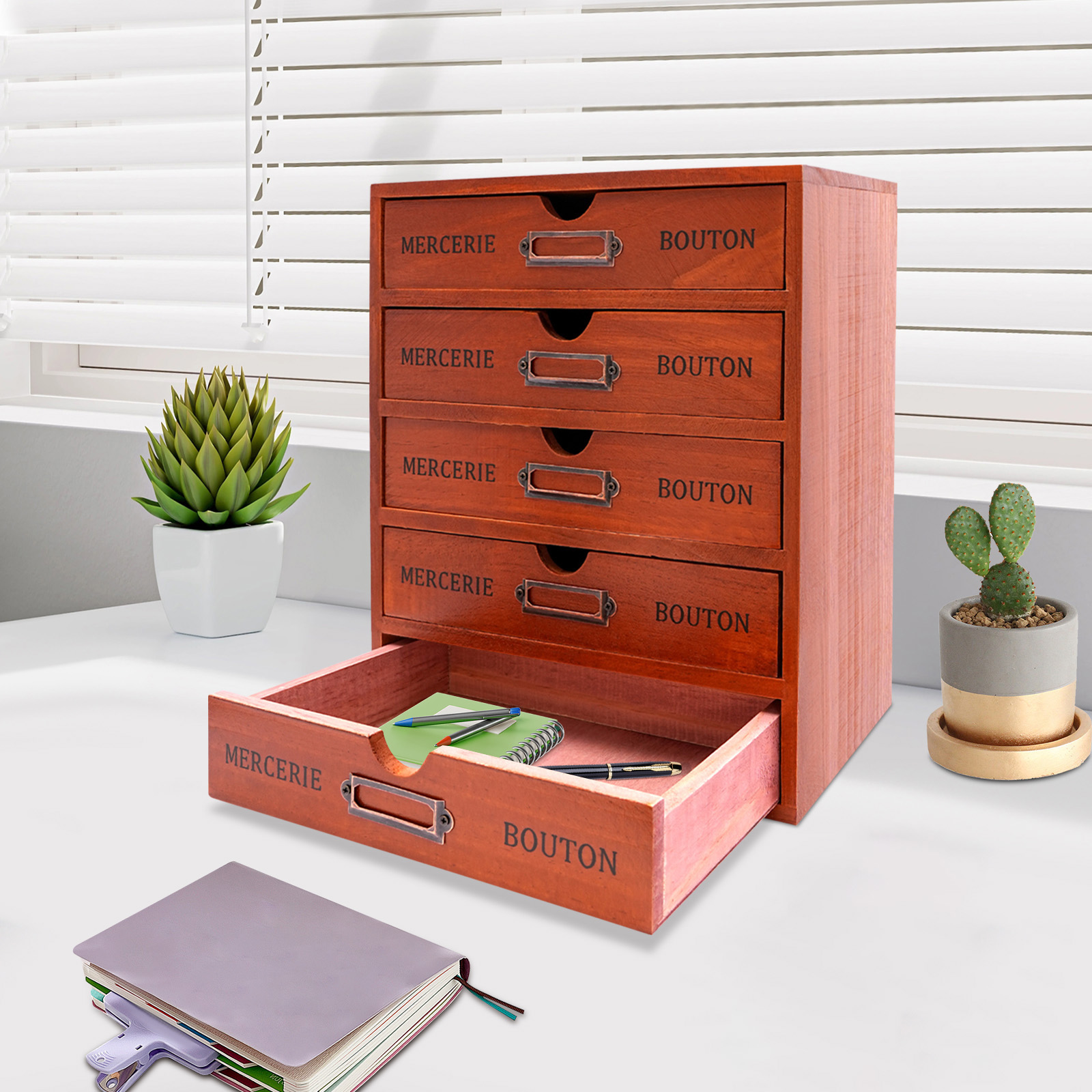 Peakora 5-Drawer Wooden Desk Organizer Pine Wood Storage Drawers Vintage Shelf Drawer Desktop Organizer with Drawers Retro Style Storage Box Desktop Storage for Office Study Bedroom, Dresser