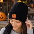 thumbnail image 6 of Fabrcox Halloween Cuffed Knit Beanie Hat for Adults and Teens, Unisex Soft Warm Beanie with Embroidered Pumpkin Pattern, Holiday Party Costume Accessories Black, 6 of 8