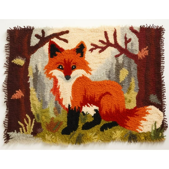 Fox Under Tree Latch Hook Rectangle Rug Kits for Adults Needle Crochet Yarn Embroidery Carpet Hook and Latch Kit Floor Mat Tapestry Christmas Home Decoration 52x38cm