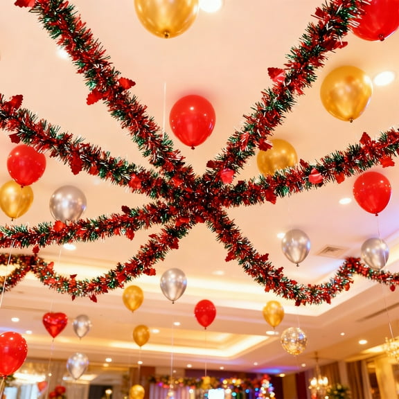 Kumdkd 6.5ft Christmas Garland with Snowflake Confetti, Shimmering Green Red Gold Decorative Stripe for Tree Wrapping, Staircase, Mantel, Party Backdrop, Festive DIY Holiday Decorations