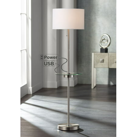 360 Lighting Modern Floor Lamp with USB and AC Power Outlet on Table Glass Satin Steel White Fabric Drum Shade for Living