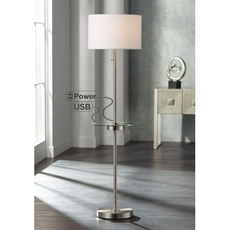 360 Lighting Modern Floor Lamp with USB and AC Power Outlet on Table Glass Satin Steel White Fabric Drum Shade for Living (Best Floor Lamp For Living Room)