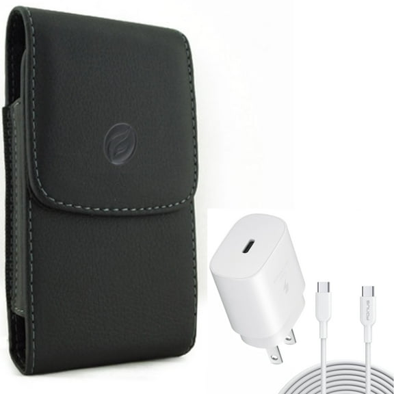 10ft USB-C Cable PD Type-C 25W Fast Home Charger w Holster Leather Case Belt Clip for Motorola Moto Z4 Z3 Play Z2 Play Force Z Force Droid, Revvlry Plus, G7 - OnePlus 6T, 6 - Razer Phone 2