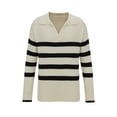thumbnail image 4 of ATOYSOY Women's Workout Striped Pullovers Casual Trendy Sewatshirts Long Sleeve Sweaters Spring Turn Down Collar V Neck Tops Fall Outwear Loose Knitted Shirts Beige L, 4 of 5