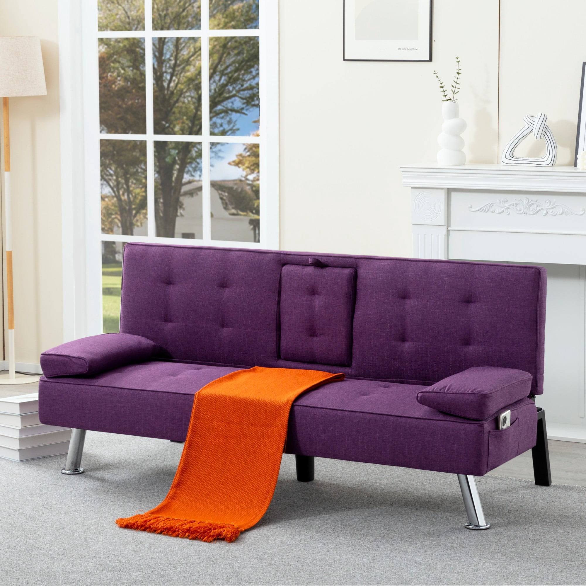 BSHTI 69.49" Fabric Convertible Futon Sofa Bed with Drop-Down Console, 2 Cup Holders, 5-Position Backrest, Side Pocket for Living Room（Purple）